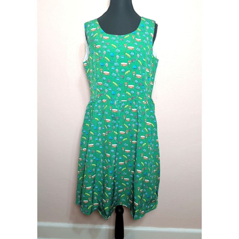 Tulip B Fit Flare Mini Dress XL Green Pockets Novelty Print NWT Summer Retro - Picture 2 of 13